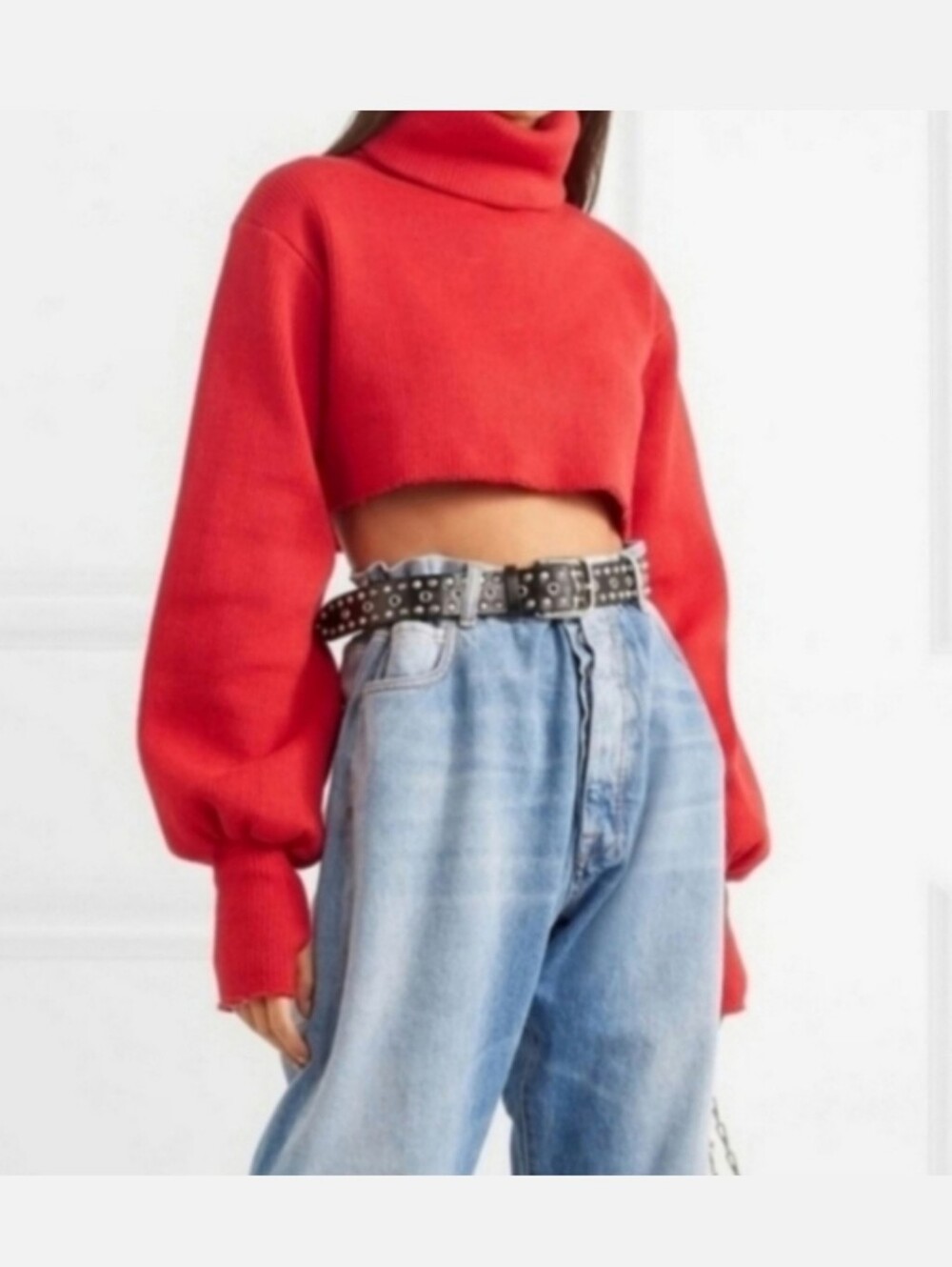 ORSEUND IRIS CROPPED RIB KNIT TURTLENECK DISTRESSED SWEATER